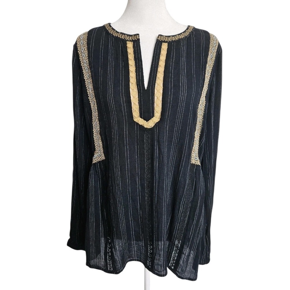 J.Jill Black Gold Trim Embroidered Boho Peasant Top Blouse Sz XL Split Neck